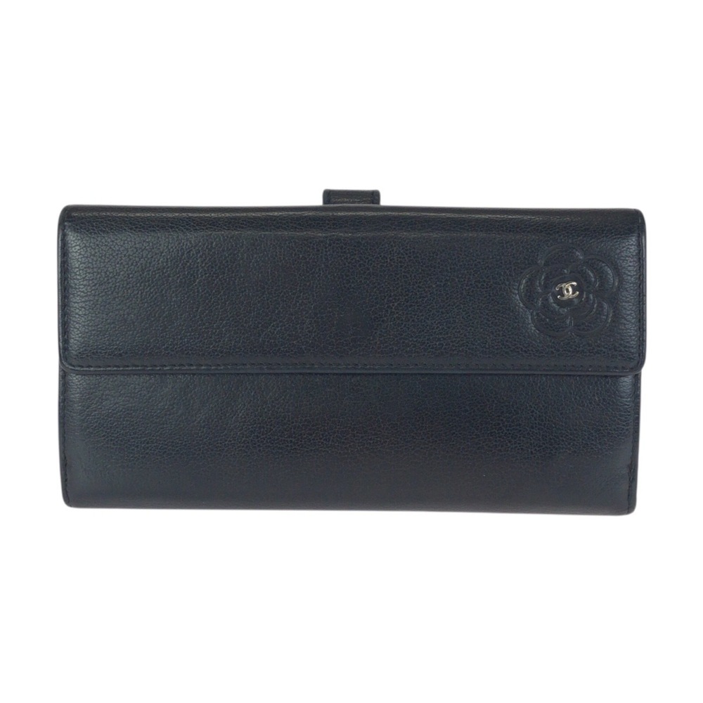 CHANEL Authentic Black Leather Logo Wallet